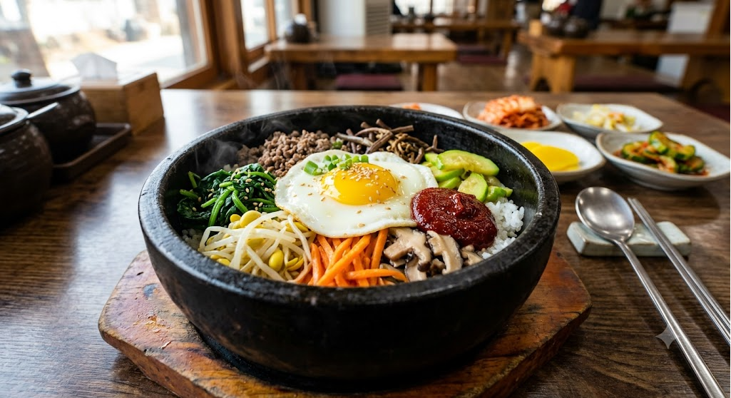 Bibimbap en dolsot de cerca, con banchan y cubiertos en la mesa