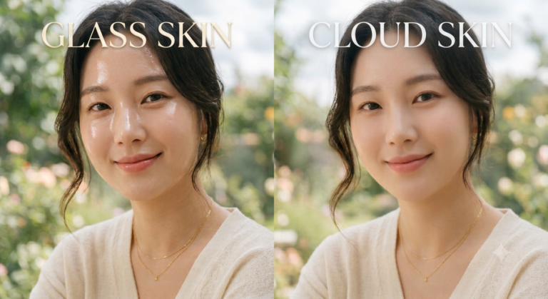 Comparacion antes y despues: glass skin brilloso a la izquierda, cloud skin con acabado suave y difuminado a la derecha